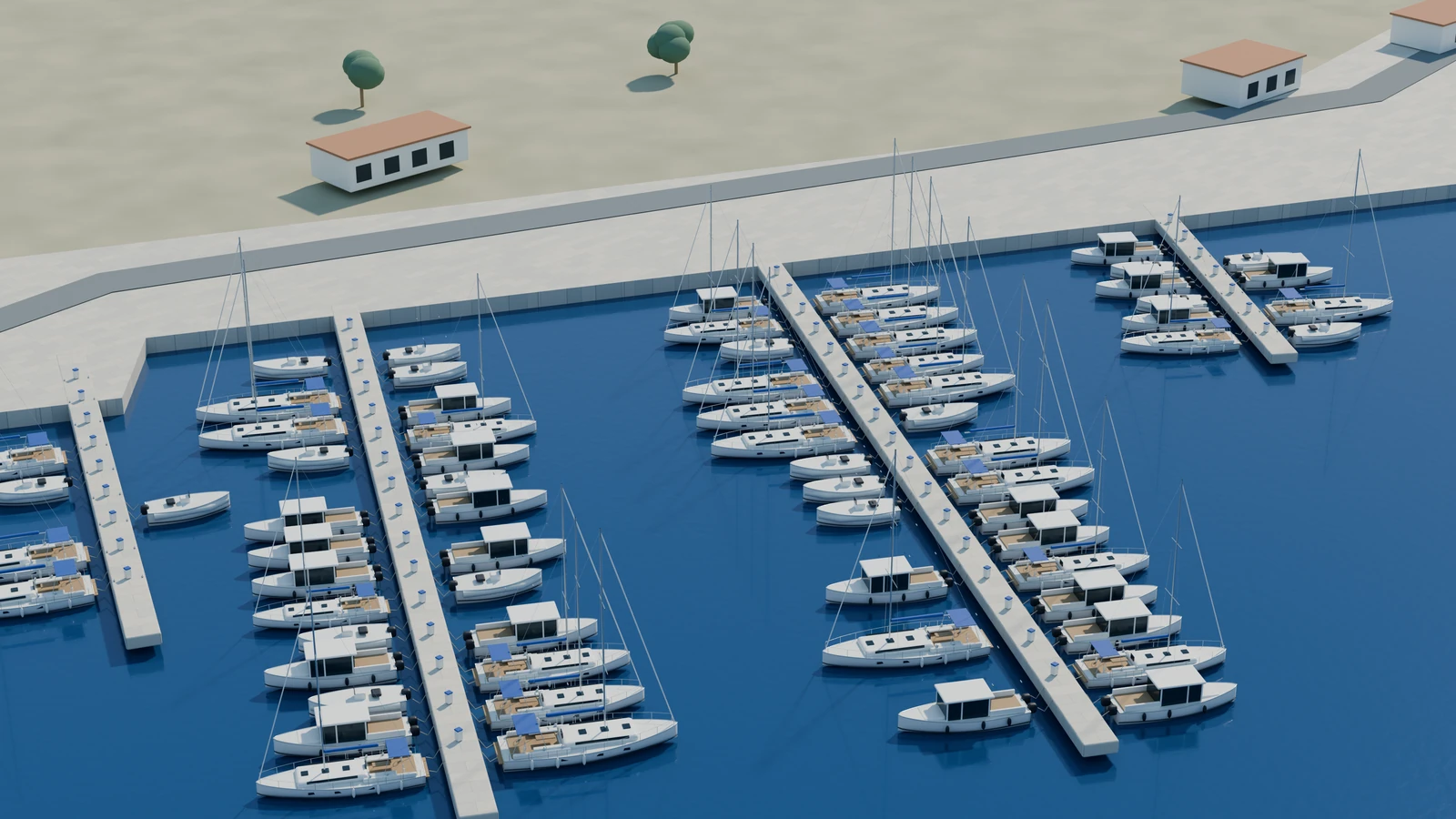 3D rendering of sailboats and motorboats moored along marina piers.
